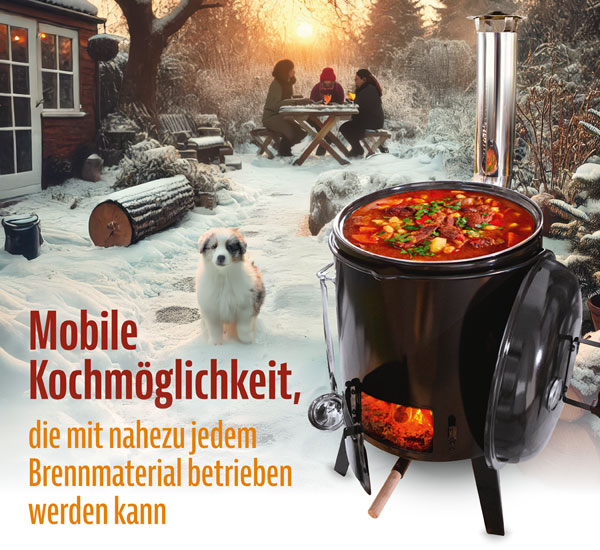 Gulaschkanone/Eintopfofen / emailliert / 15 Liter / mobile Kochmglichkeit / plus Pfanne (9 Liter) und Grillrost