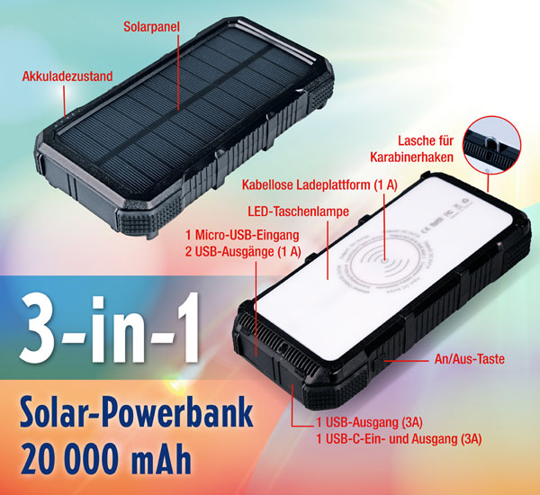 3-in-1 Solar-Powerbank 20.000 mAh